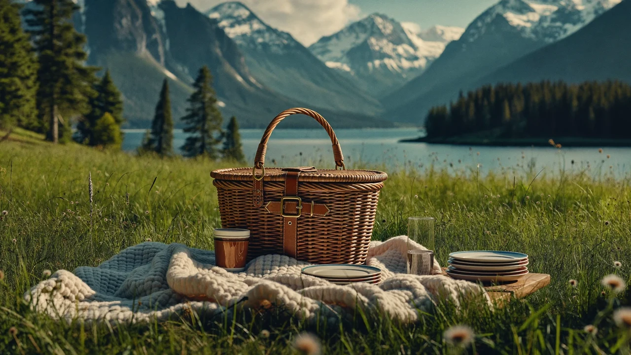 Picknick-Szene auf einer Alpenwiese am See im weichen Morgenlicht