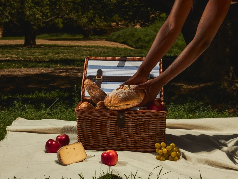Hände packen Brot, Käse und Obst aus einem Korb im Obstgarten